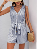 Perfee Striped V-Neck Tie Waist Romper - Trendsi