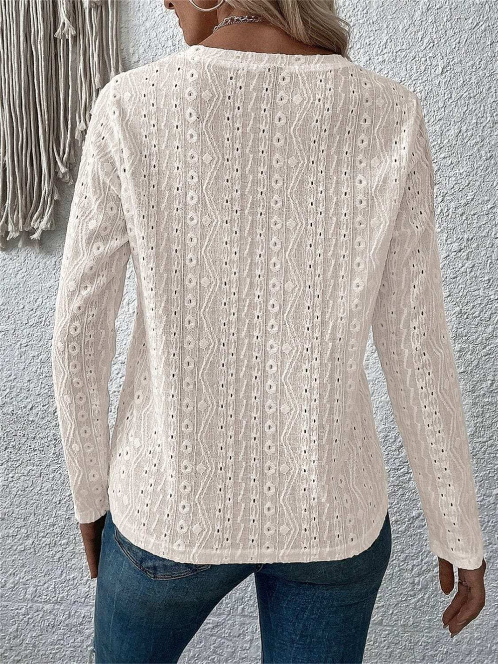 Eyelet Round Neck Long Sleeve Blouse - Trendsi - Flyclothing LLC