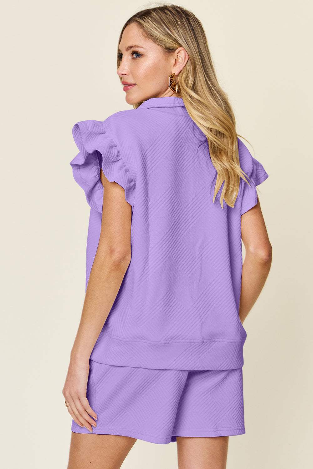 Double Take Full Size Texture Flounce Sleeve Top and Drawstring Shorts Set - Trendsi - Flyclothing LLC