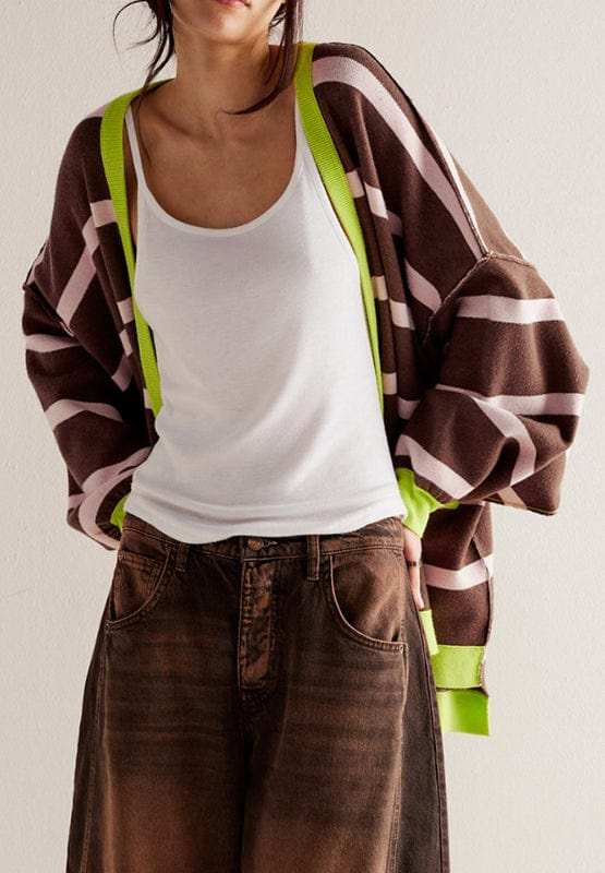 Contrast Stripes Button Down Long Sleeve Cardigan - Trendsi - Flyclothing LLC