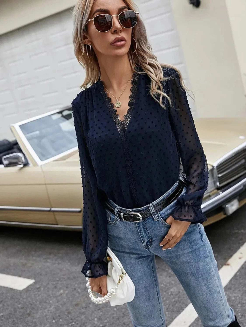 Lace Detail V-Neck Swiss Dot Blouse - Trendsi - Flyclothing LLC