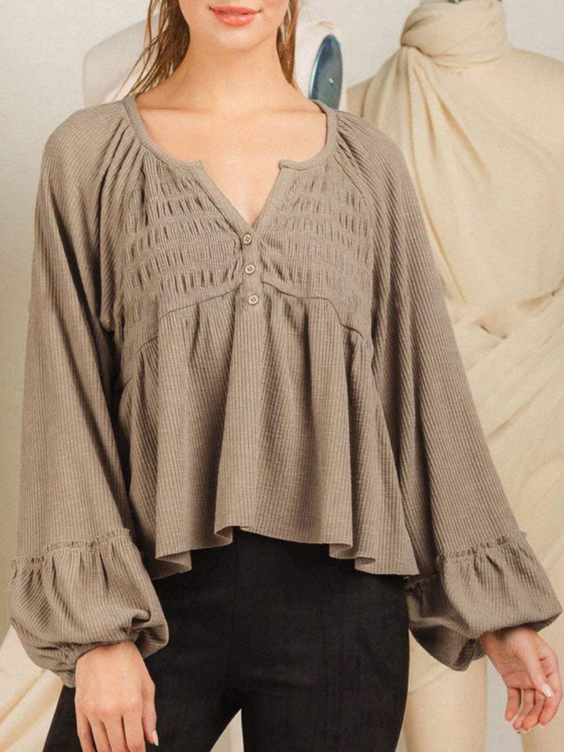 Notched Balloon Sleeve Peplum Blouse - Trendsi - Flyclothing LLC