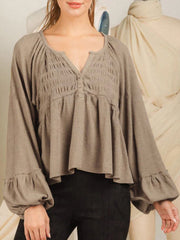 Notched Balloon Sleeve Peplum Blouse - Trendsi
