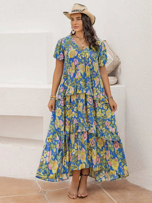 Plus Size Printed V-Neck Short Sleeve Maxi Dress - Trendsi - Flyclothing LLC
