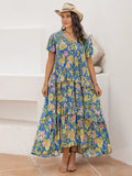 Plus Size Printed V-Neck Short Sleeve Maxi Dress - Trendsi