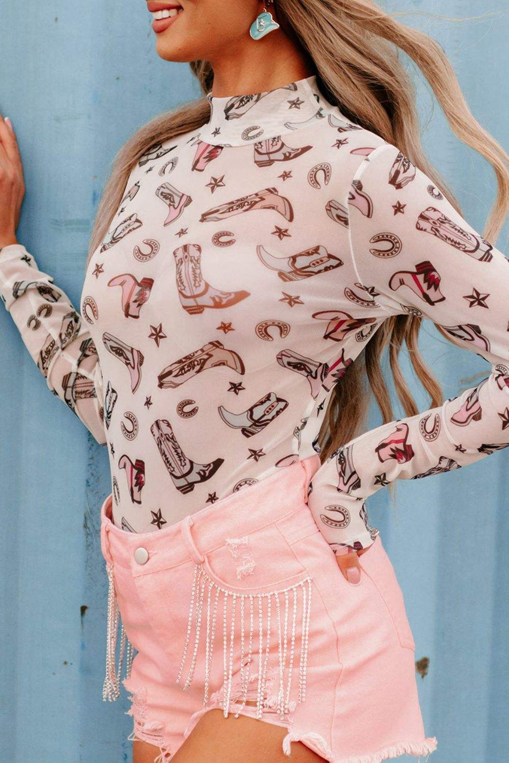Printed Mock Neck Long Sleeve Bodysuit - Trendsi - Flyclothing LLC