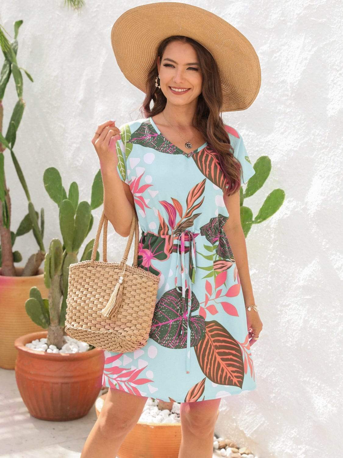 Drawstring Printed V-Neck Mini Dress - Trendsi - Flyclothing LLC