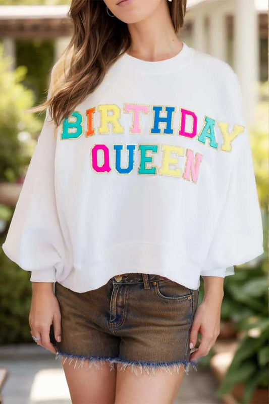 BIRTHDAY QUEEN Sequin Round Neck Long Sleeve Sweatshirt - Trendsi - Flyclothing LLC