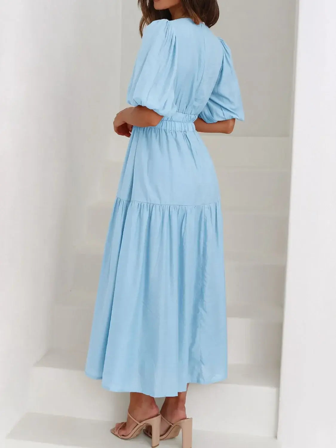 V-Neck Puff Sleeve Midi Dress - Trendsi - Flyclothing LLC