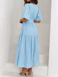 V-Neck Puff Sleeve Midi Dress - Trendsi