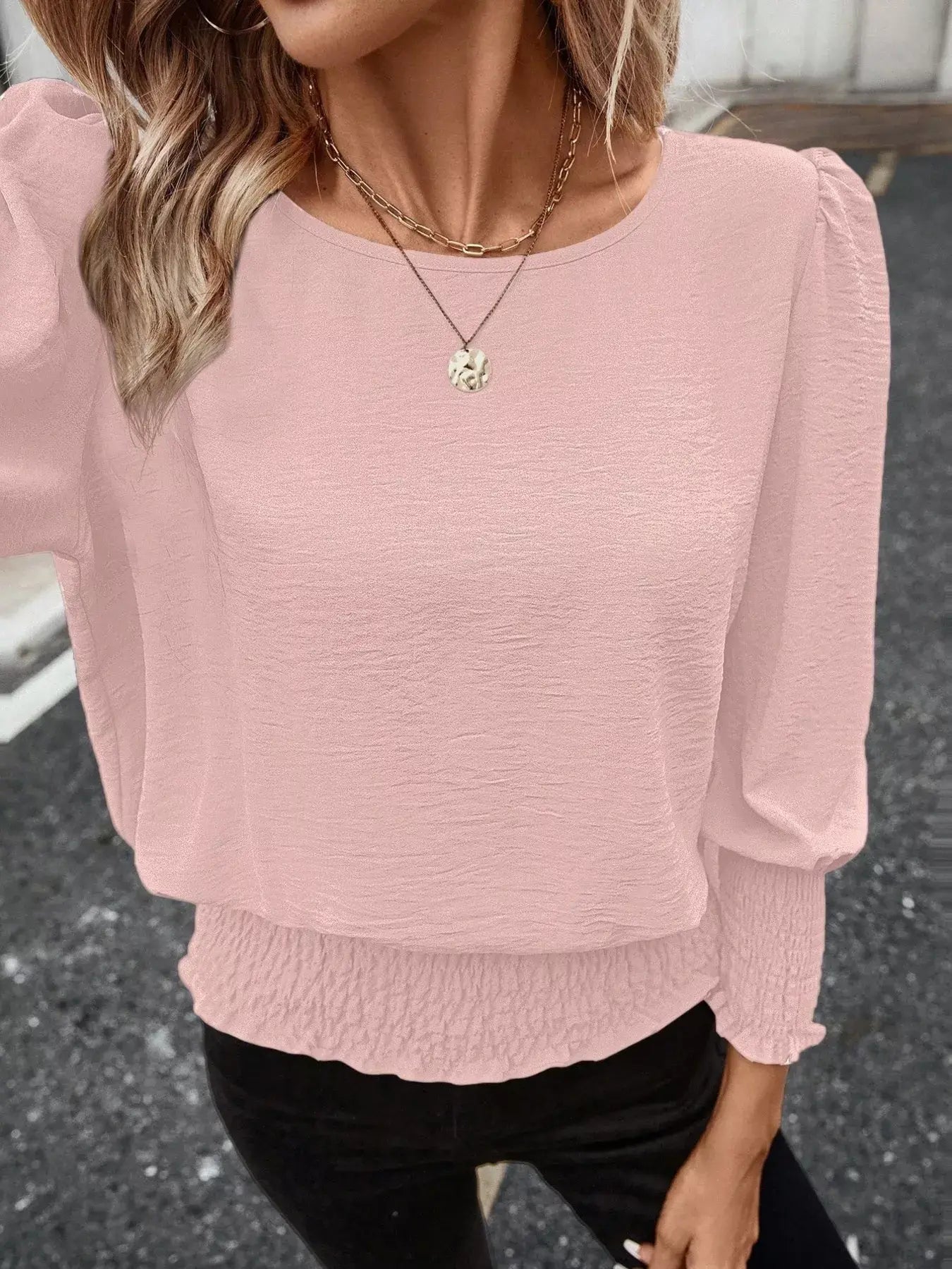 Smocked Waist Round Neck Blouse - Trendsi - Flyclothing LLC