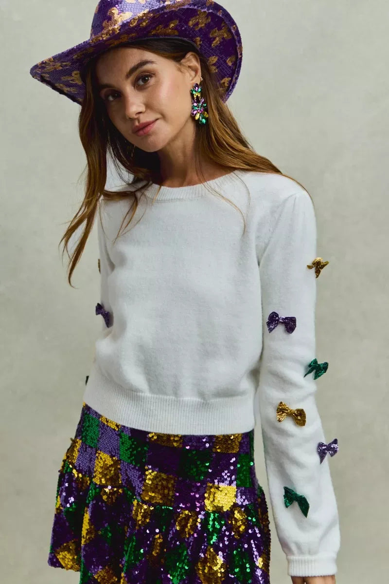 SO ME Mardi Gras Glitter Bow Ribbon Sweater Knit Top - Trendsi - Flyclothing LLC