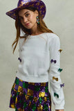 SO ME Mardi Gras Glitter Bow Ribbon Sweater Knit Top - Trendsi - Flyclothing LLC