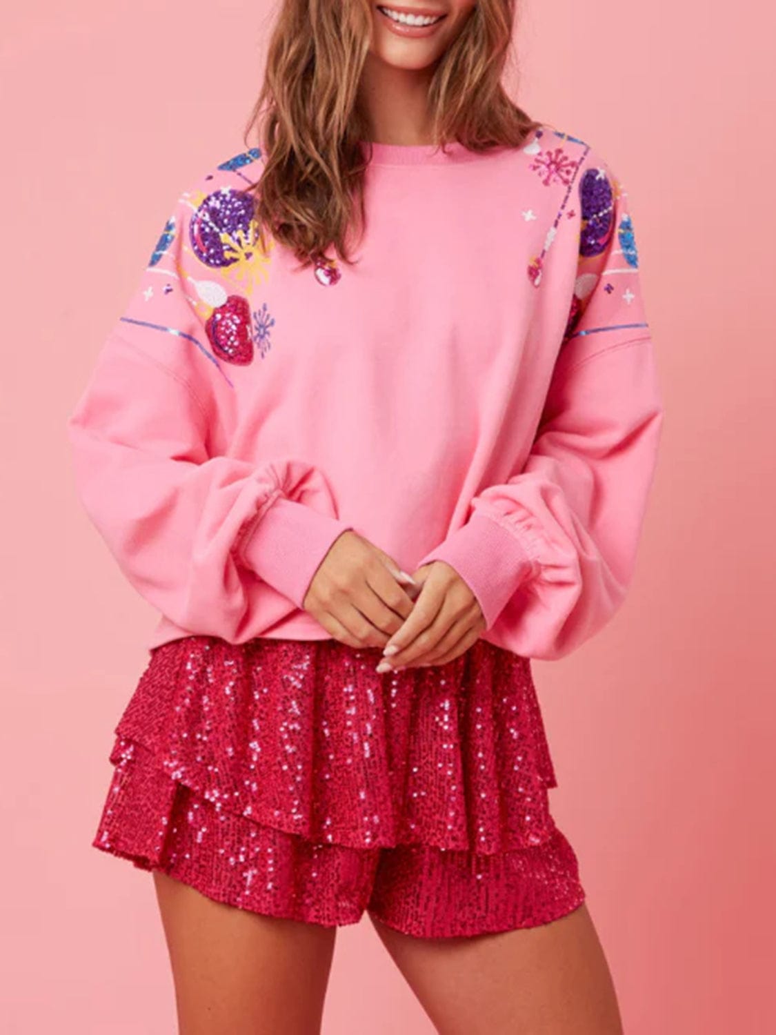Sequin Round Neck Dropped Shoulder Sweatshirt - Trendsi