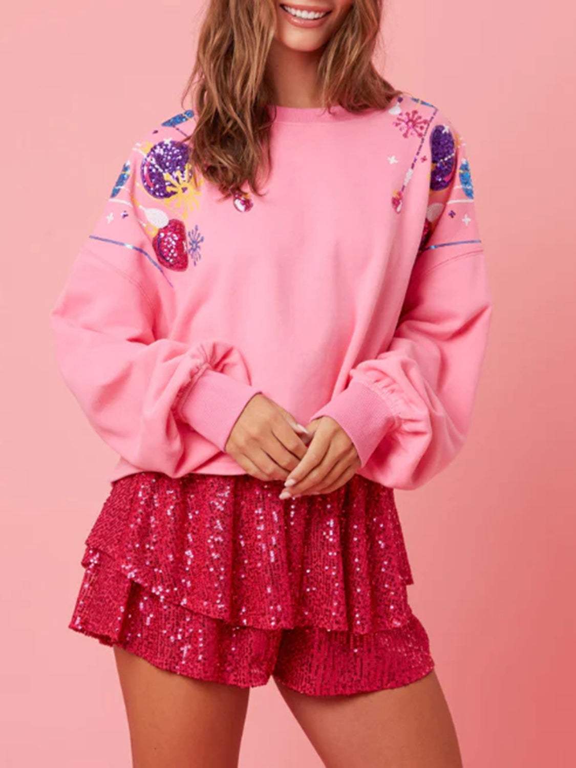Sequin Round Neck Dropped Shoulder Sweatshirt - Trendsi - Flyclothing LLC