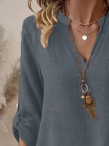 Casual V-Neck Roll-Sleeve T-Shirt with Pocket - Trendsi - Flyclothing LLC