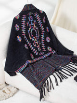 Fringe Geometric Open Front Long Sleeve Cape - Trendsi - Flyclothing LLC