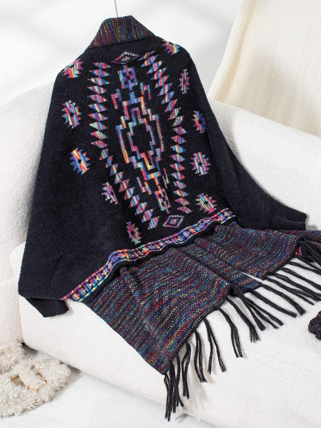 Fringe Geometric Open Front Long Sleeve Cape - Trendsi - Flyclothing LLC