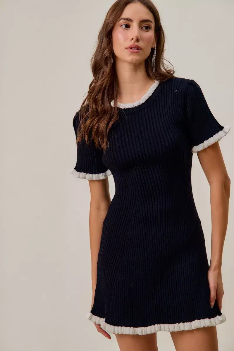 SO ME Contrast Ruffled Sweater Knit Mini Dress - Trendsi - Flyclothing LLC
