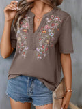 Embroidered Notched Short Sleeve T-Shirt - Trendsi