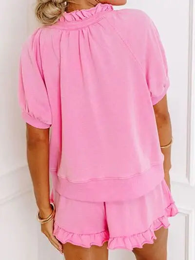 Half Zip Puff Sleeve Top and Ruffled Shorts Set - Trendsi - Flyclothing LLC