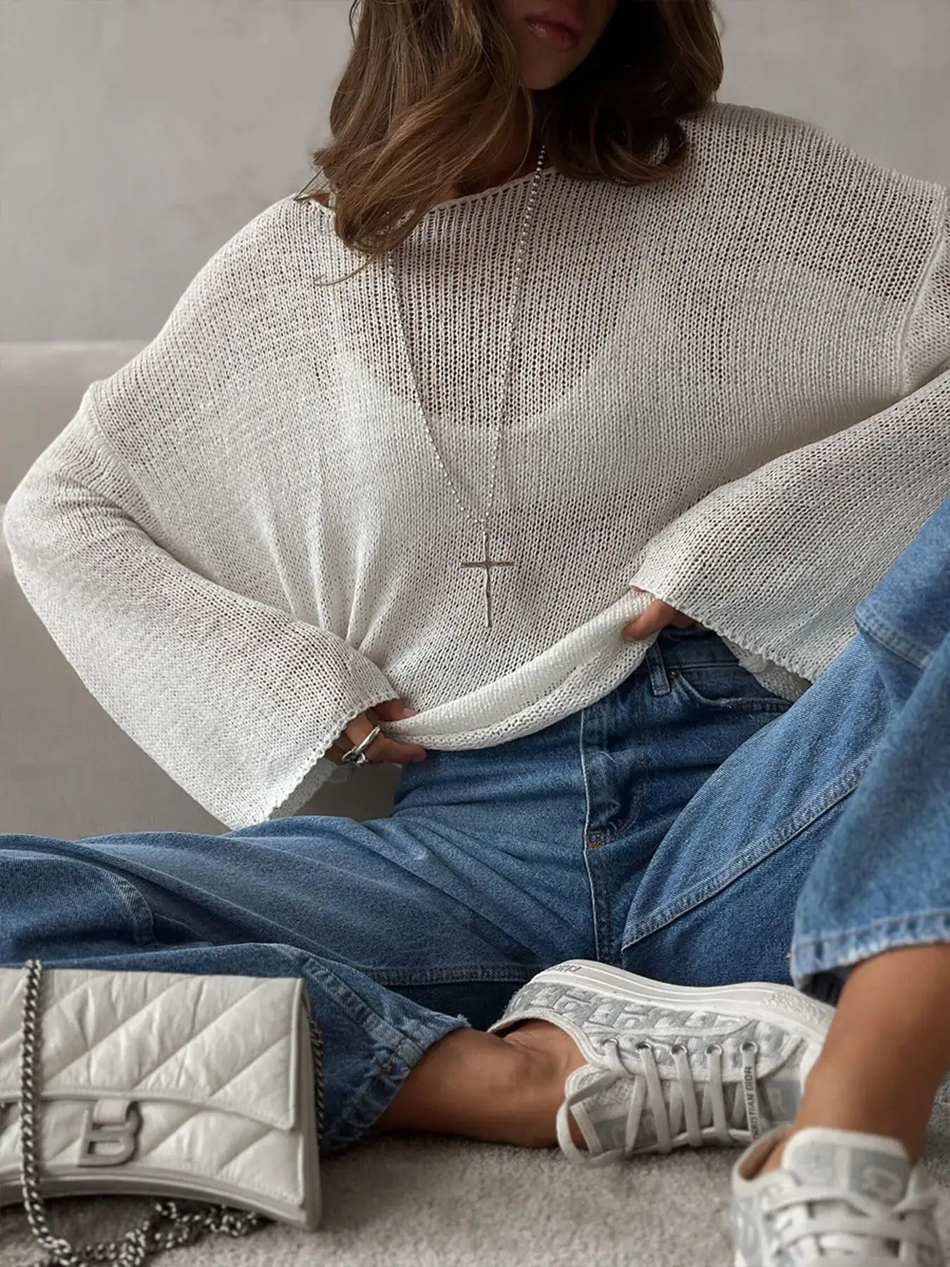 Boat Neck Knit Cover Up with Relaxed Fit - Trendsi - Flyclothing LLC