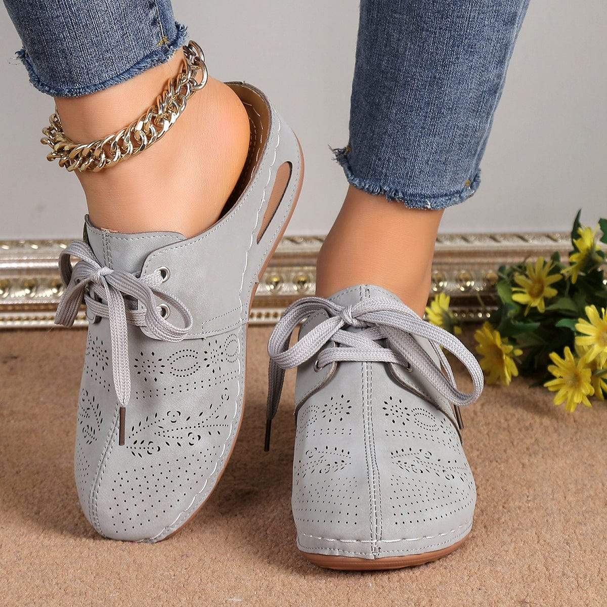 Lace-Up Round Toe Wedge Sandals - Trendsi - Flyclothing LLC