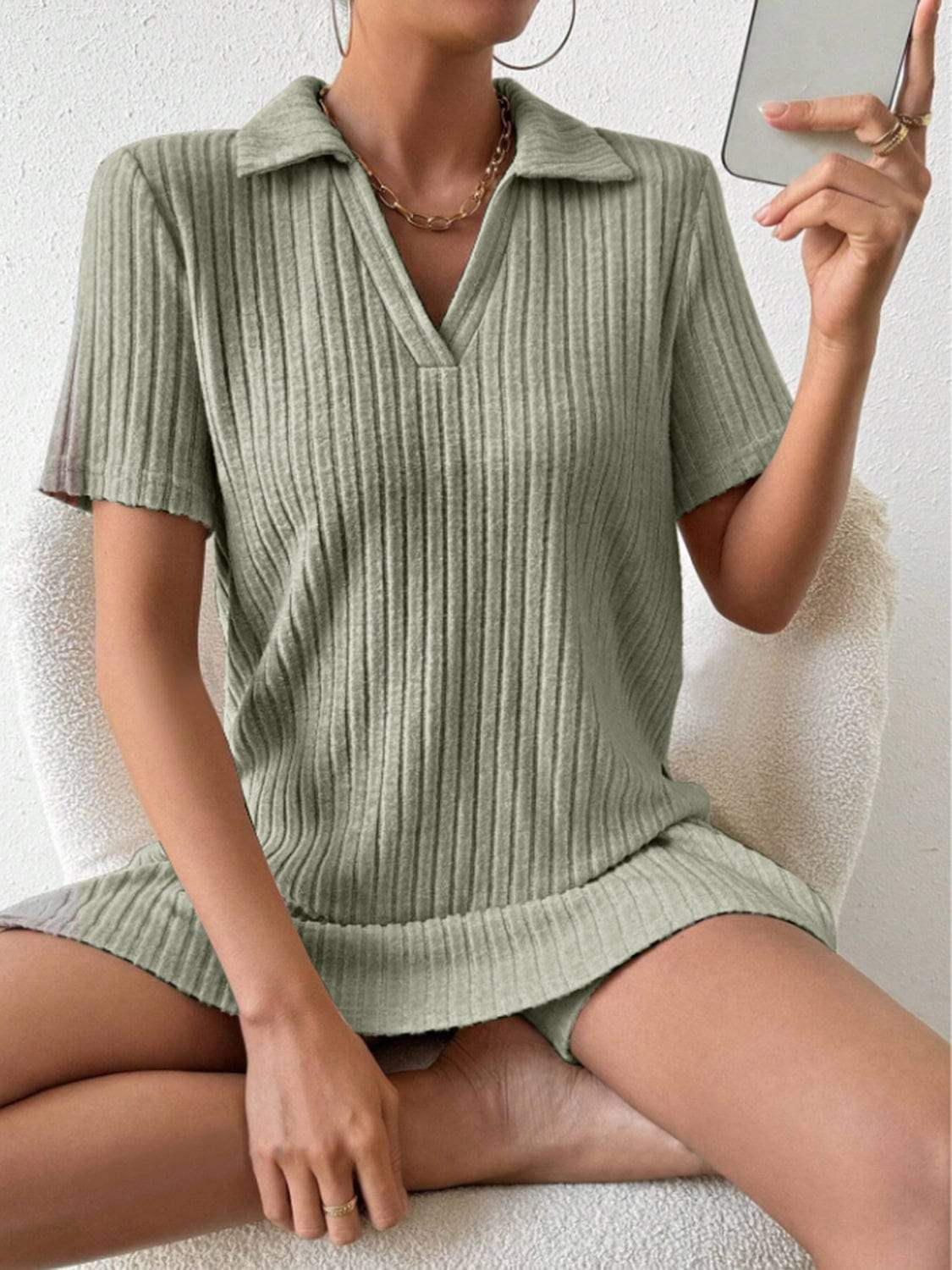 Johnny Collar Short Sleeve Top and Shorts Set - Trendsi - Flyclothing LLC