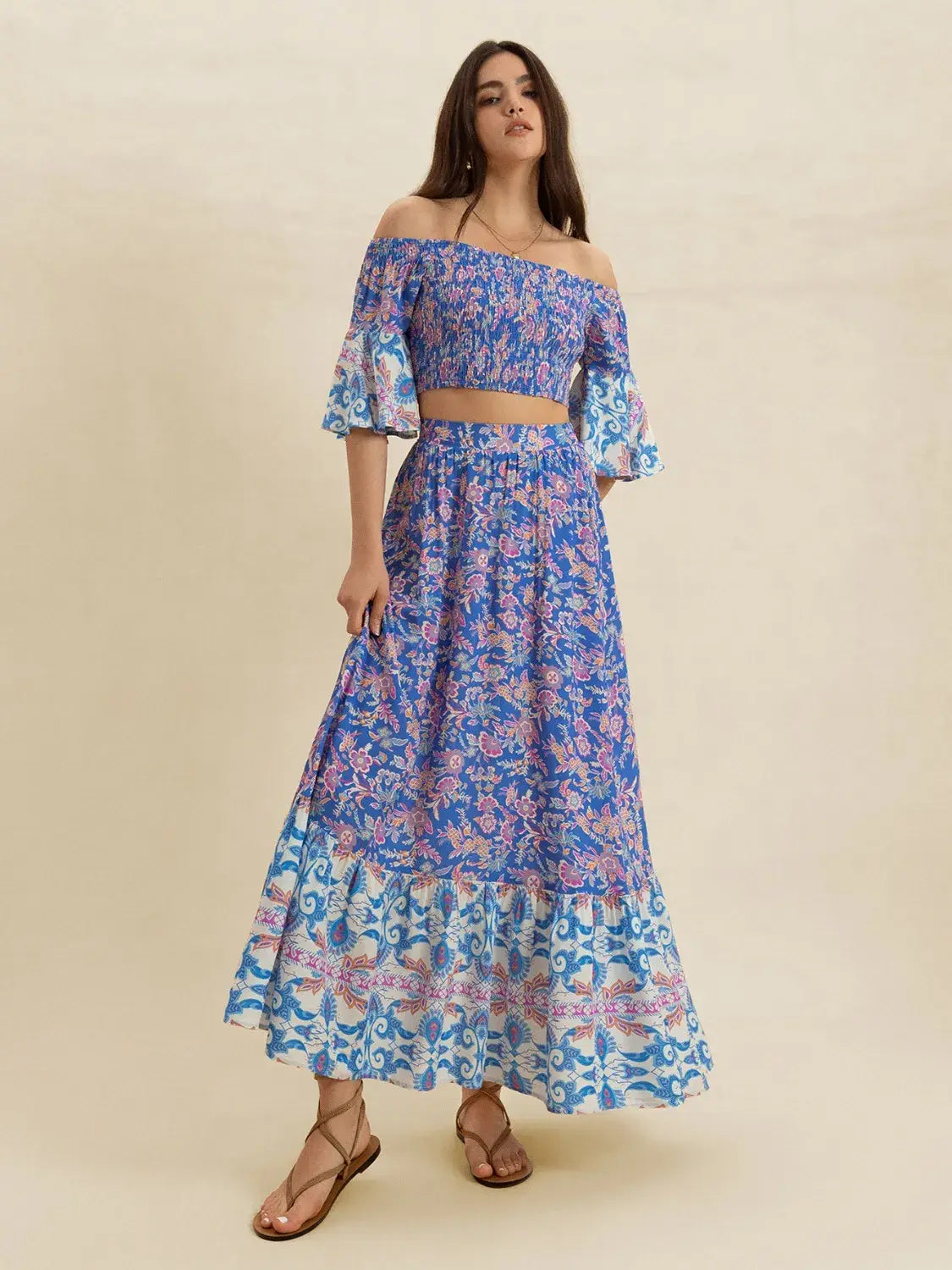 Smocked Off-Shoulder Printed Top and Skirt Set - Trendsi - Flyclothing LLC
