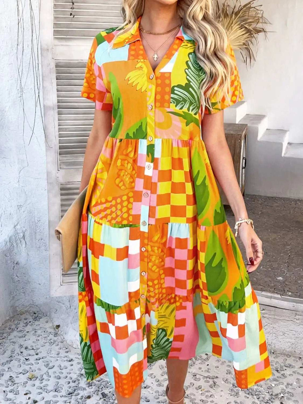 Devine Printed Johnny Collar Button Down Short Sleeve Midi Shirt Dress - Trendsi - Flyclothing LLC