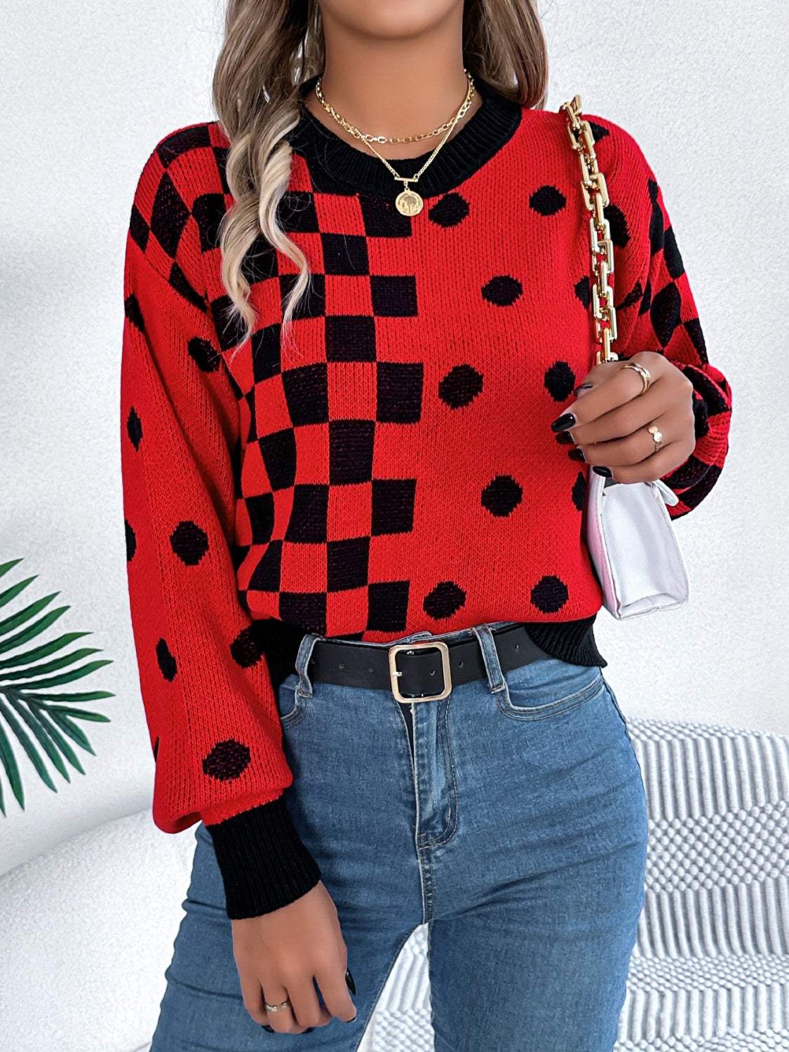 Plaid Round Neck Long Sleeve Sweater - Trendsi - Flyclothing LLC