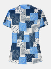 Printed Notched Short Sleeve Blouse - Trendsi