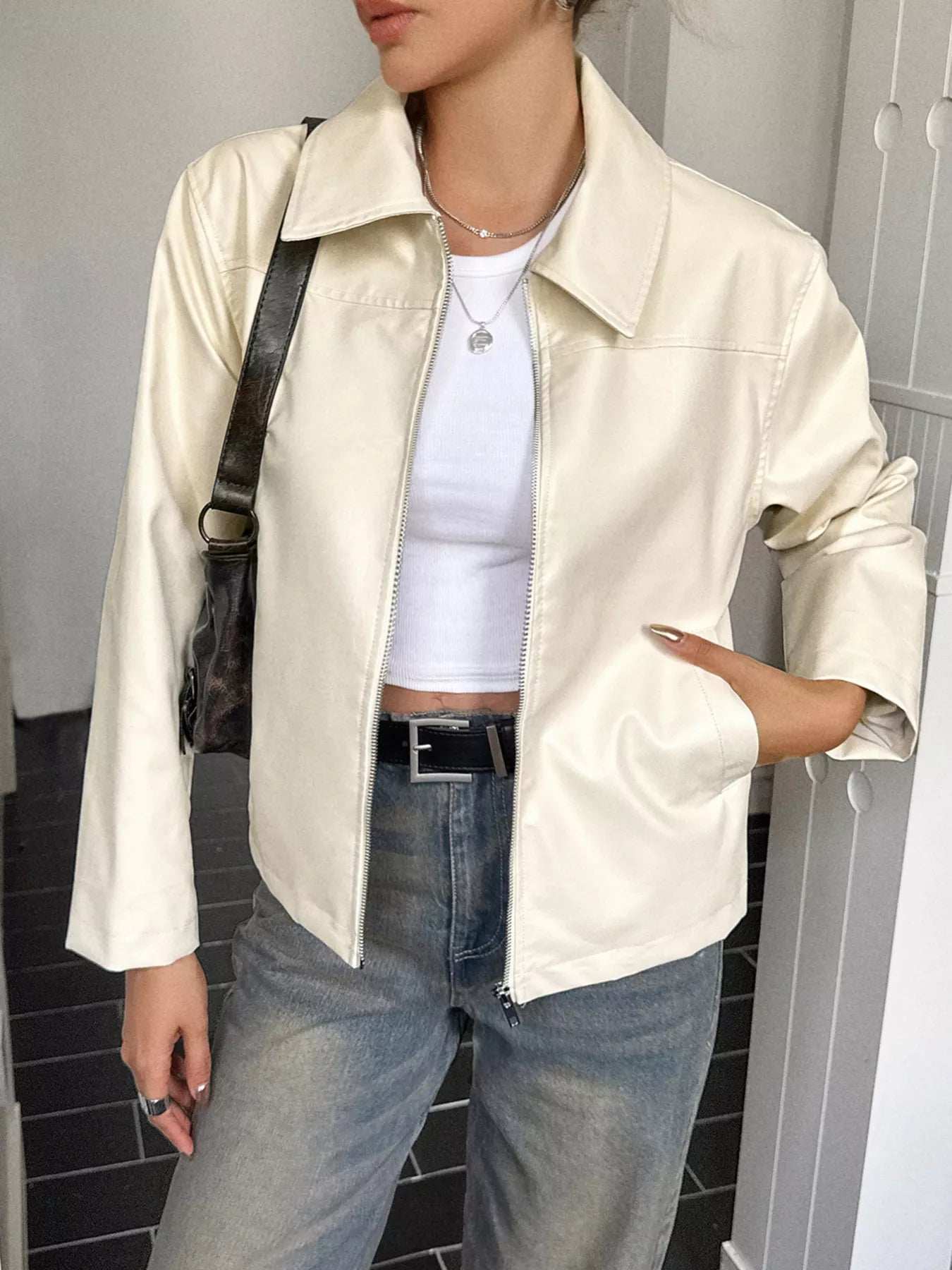 Zip Up Leather Jacket - Trendsi - Flyclothing LLC