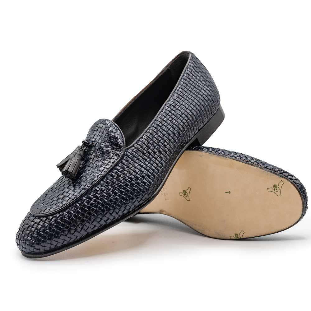 15-216-NVY TINO Calfskin Woven Tassel Loafer, Navy - Zelli Italia - Flyclothing LLC