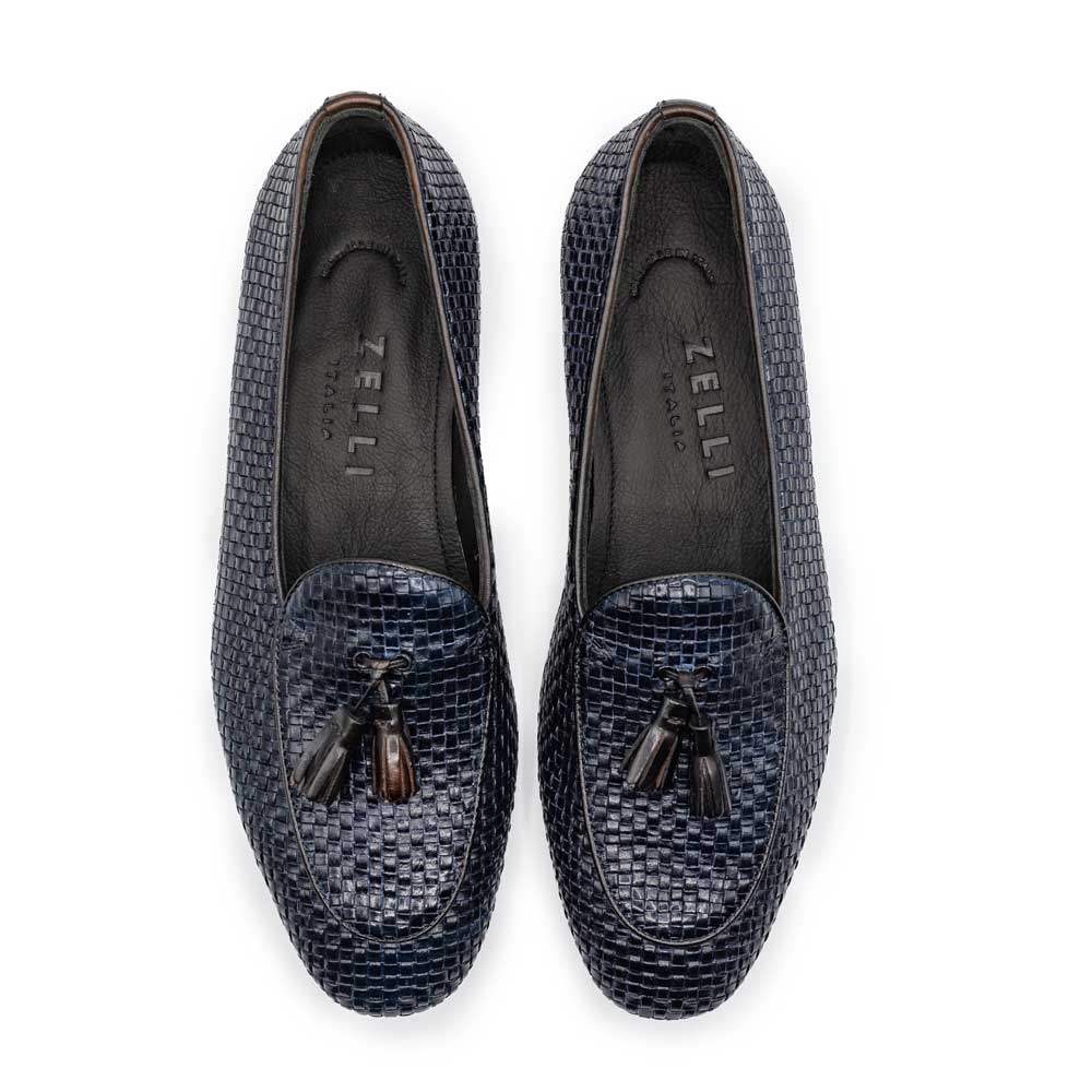 15-216-NVY TINO Calfskin Woven Tassel Loafer, Navy - Zelli Italia - Flyclothing LLC