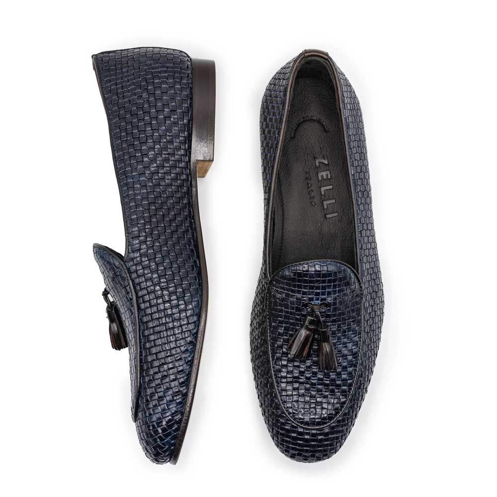 15-216-NVY TINO Calfskin Woven Tassel Loafer, Navy - Zelli Italia - Flyclothing LLC
