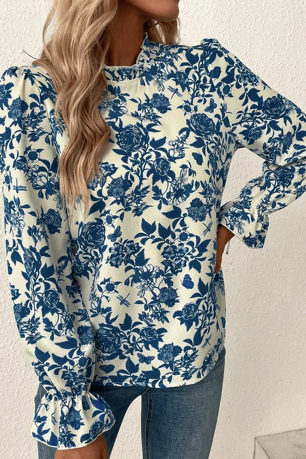 Printed Mock Neck Flounce Sleeve Blouse - Trendsi - Flyclothing LLC
