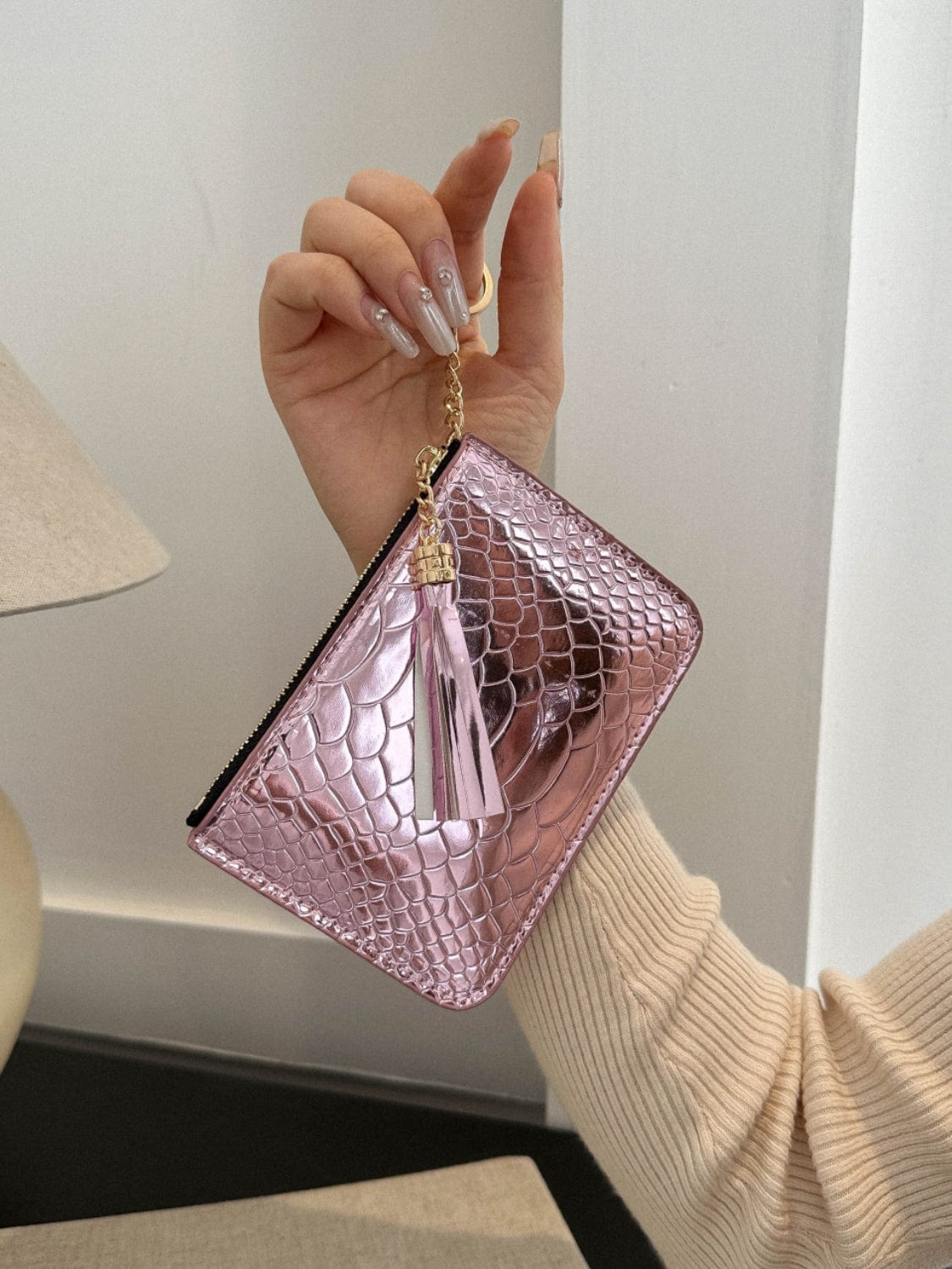 PU Leather Tassel Trim Card Case - Trendsi