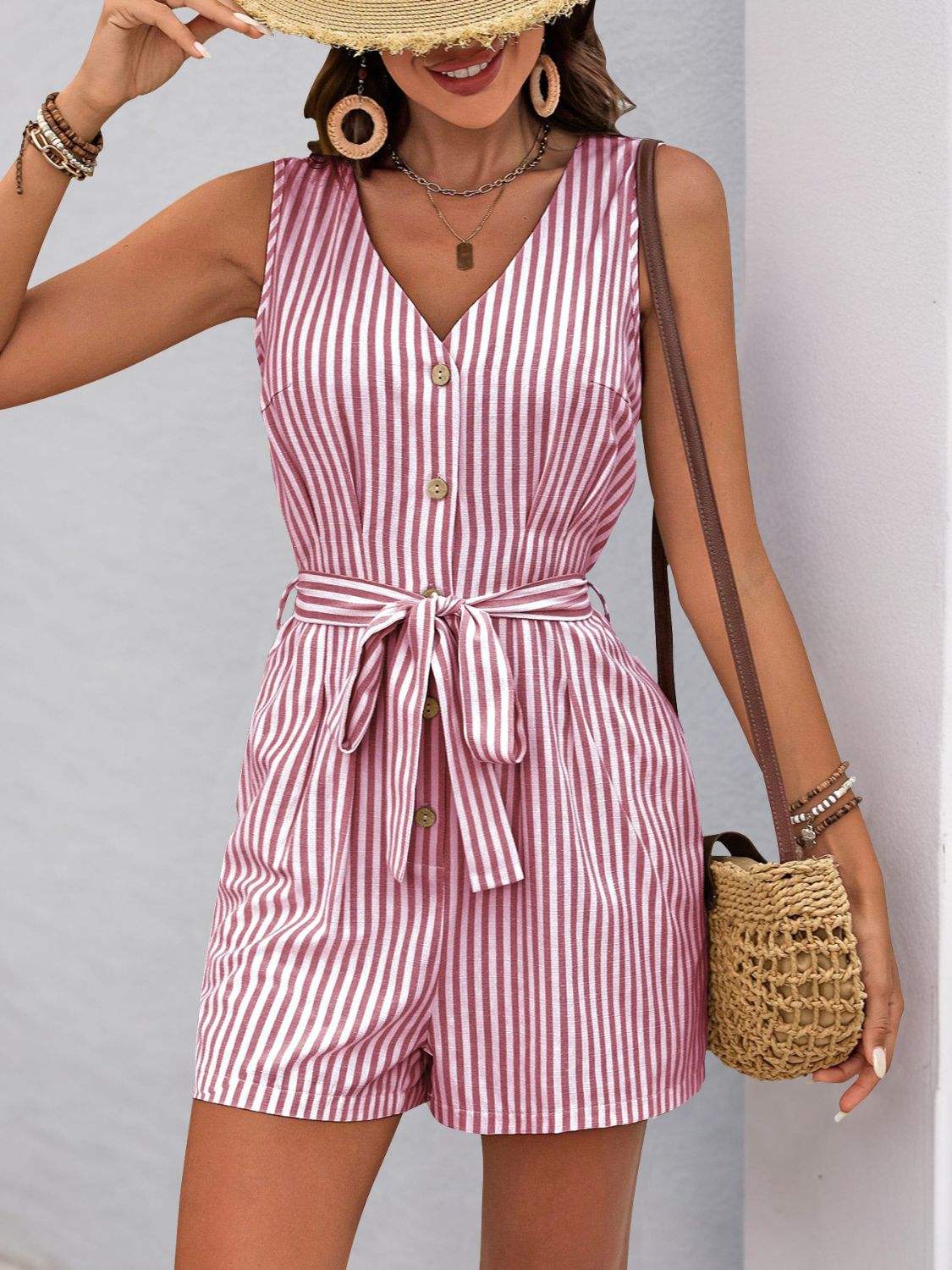 Perfee Striped V-Neck Tie Waist Romper - Trendsi - Flyclothing LLC
