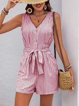 Perfee Striped V-Neck Tie Waist Romper - Trendsi - Flyclothing LLC