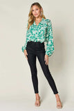 Double Take Full Size Printed Ruffle Trim Balloon Sleeve Shirt - Trendsi - Flyclothing LLC