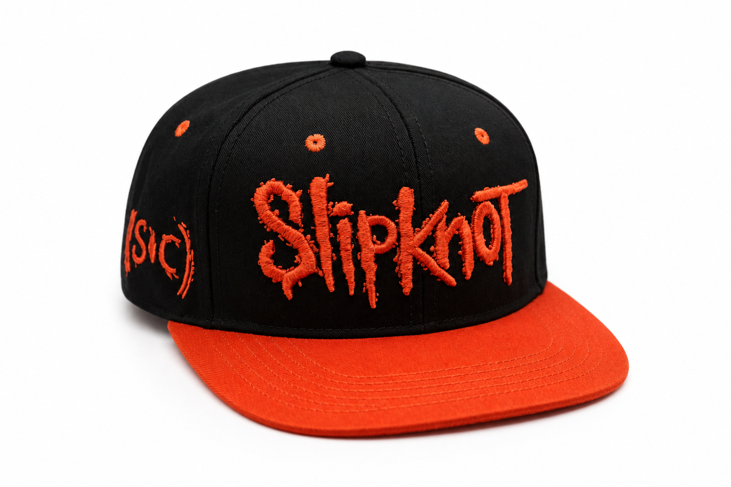 Slipknot Snapback
3D/Flat Embroidery 
Sublimated Underbill Bill Black/Red  6 Panel Flatbill Cap