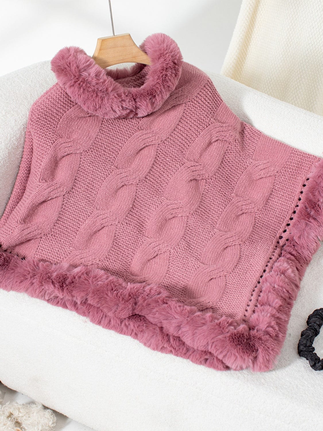 Fuzzy Hem Cable-Knit Poncho - Trendsi