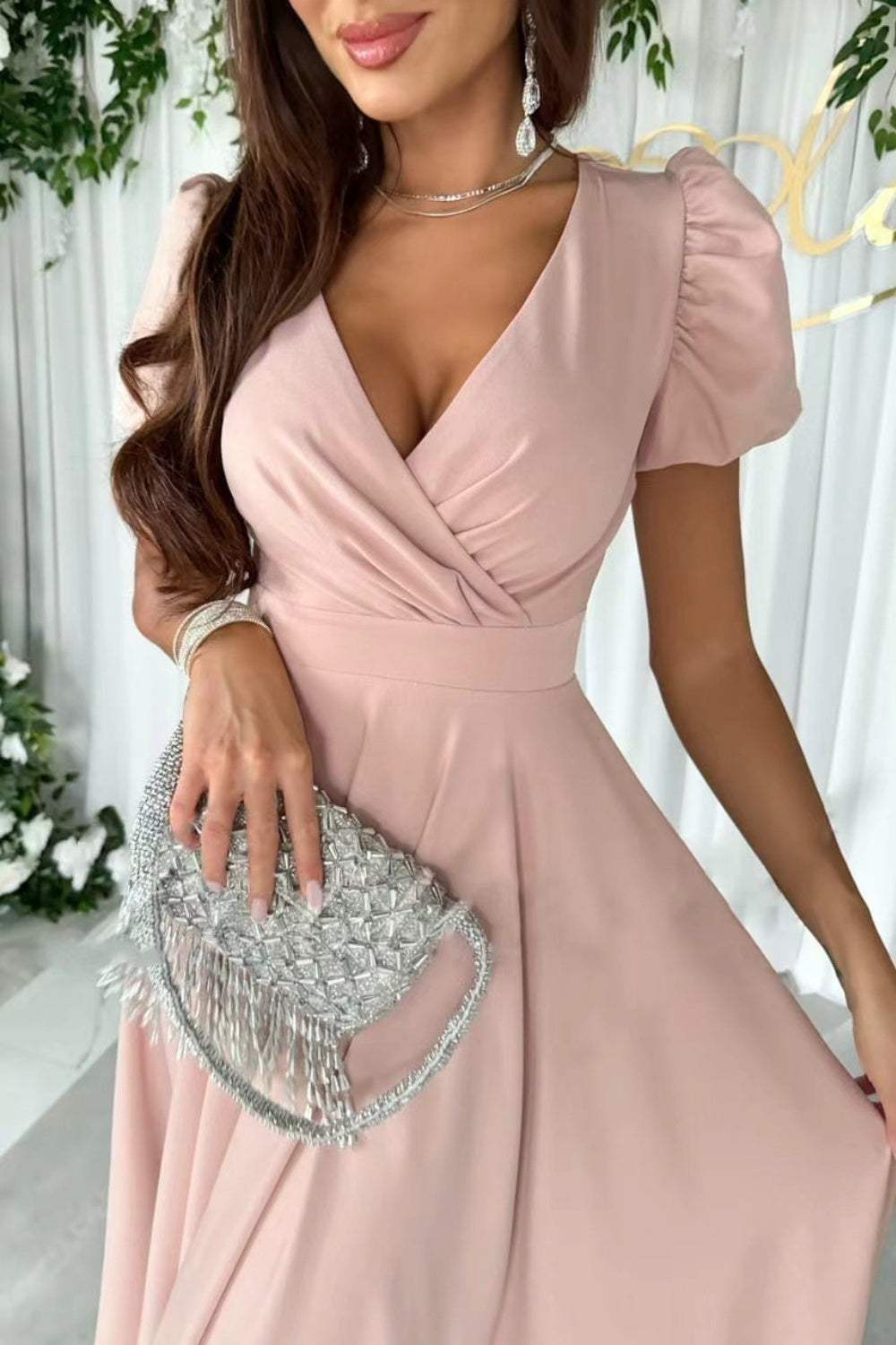 Surplice Puff Sleeve Midi Dress - Trendsi - Flyclothing LLC