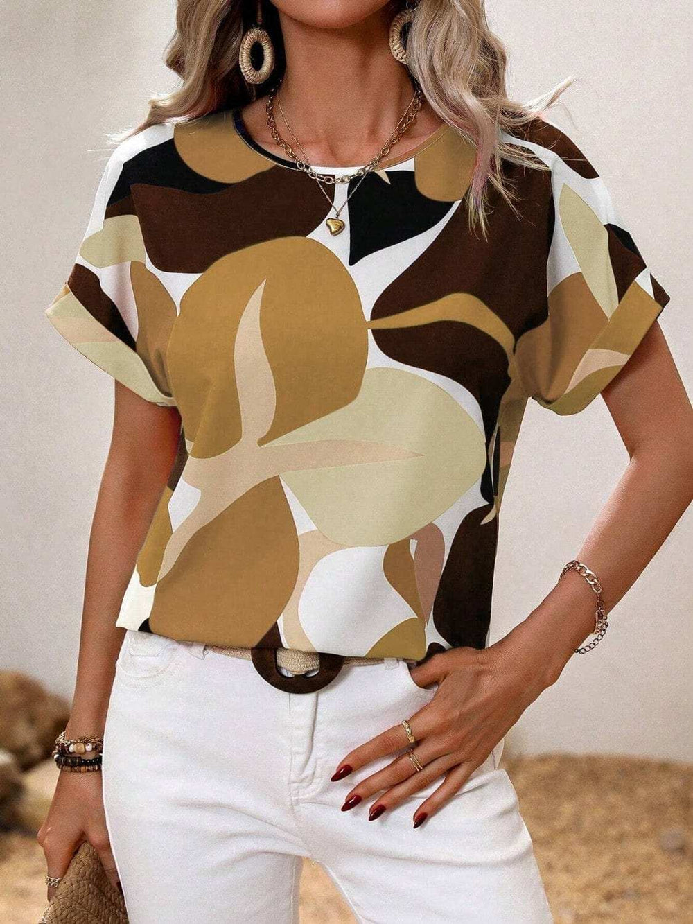 Contrast Round Neck Short Sleeve Blouse - Trendsi - Flyclothing LLC