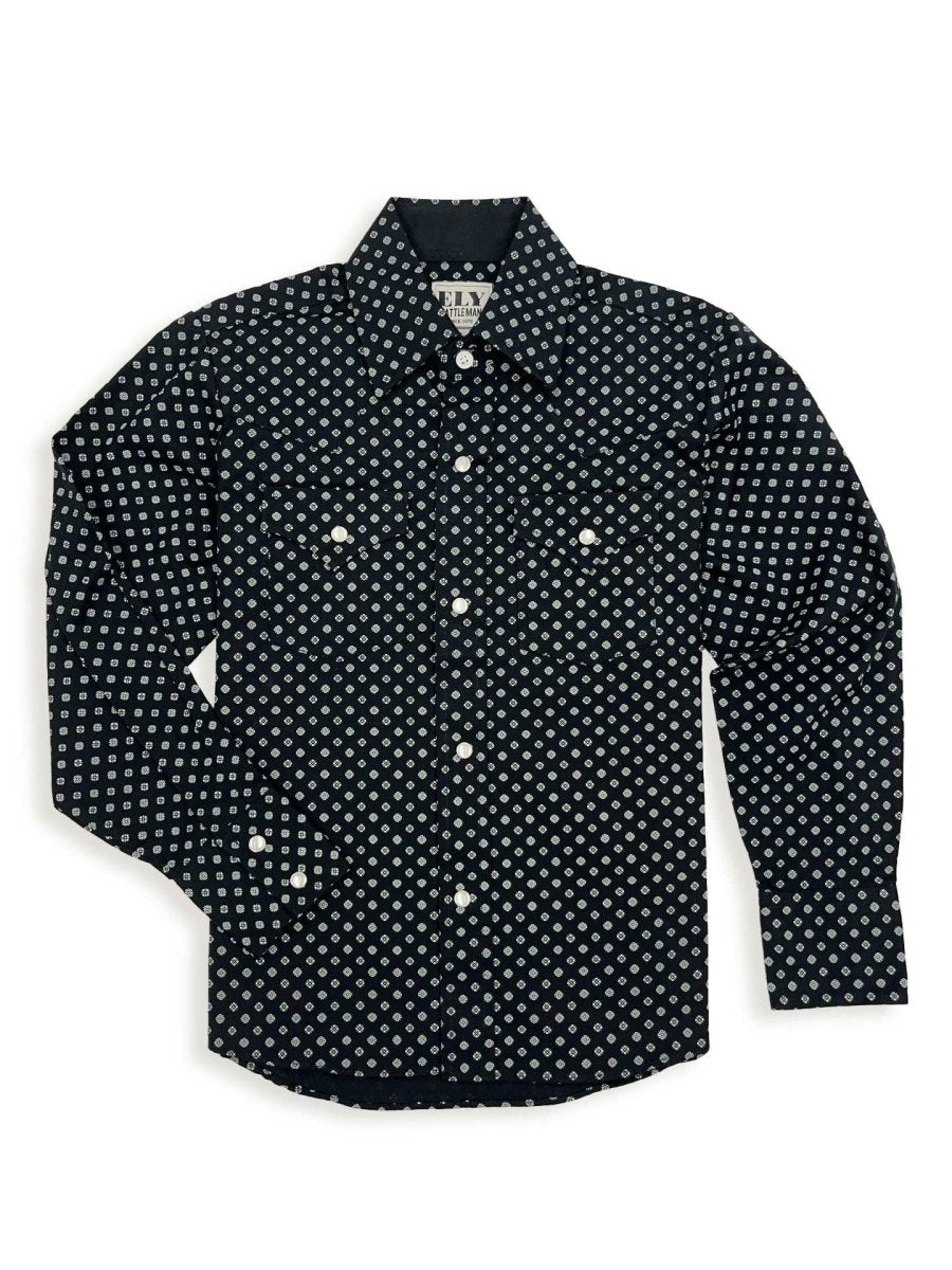 Boy's Ely Cattleman Long Sleeve Ditzy Print Western Snap Shirt- Black & Blue - Ely Cattleman