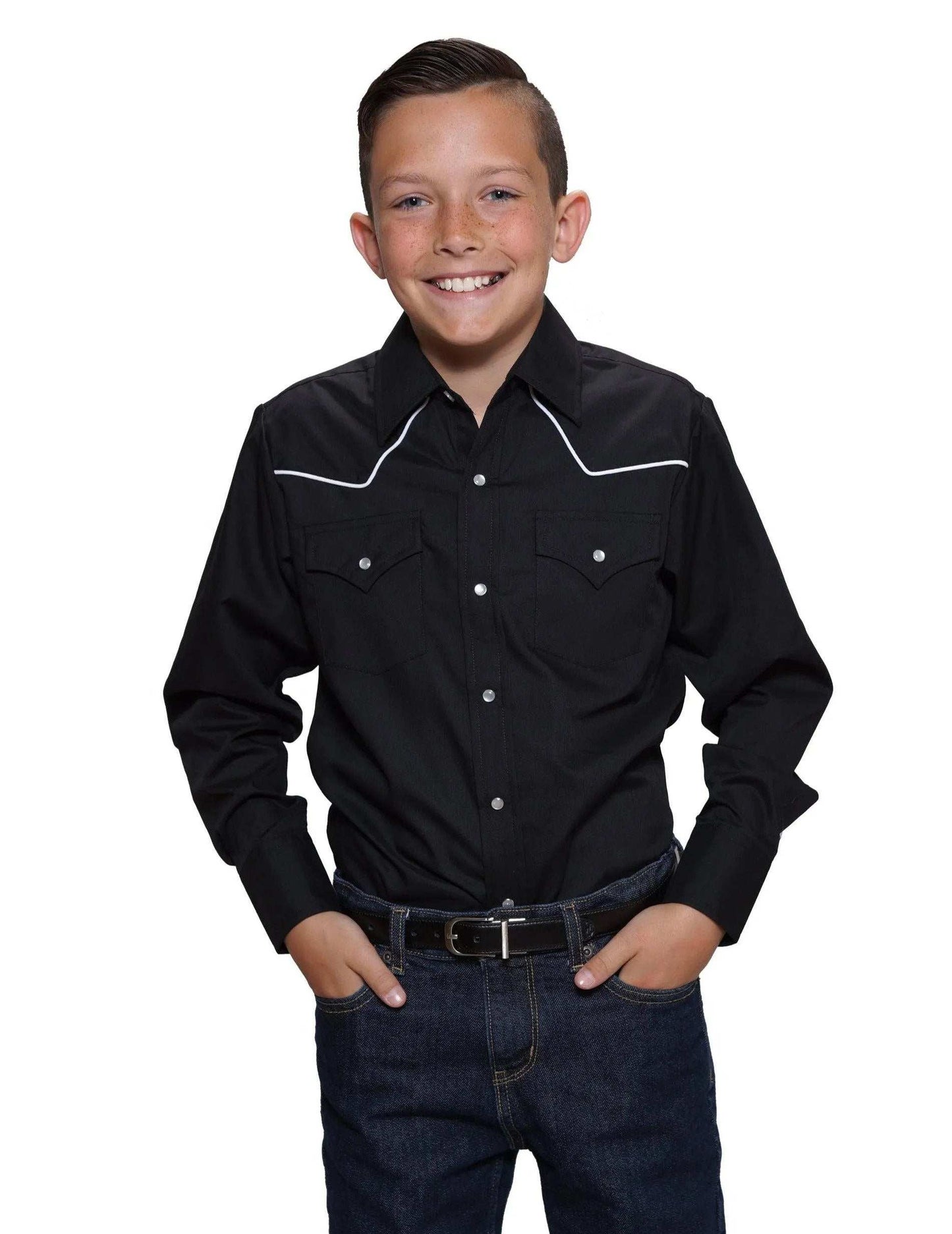 Ely Cattleman Boys L/S Black W/ White Piping - Ely Cattleman - Flyclothing LLC