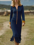 Fringe Hem Zipper Front Bodycon Dress - Trendsi - Flyclothing LLC