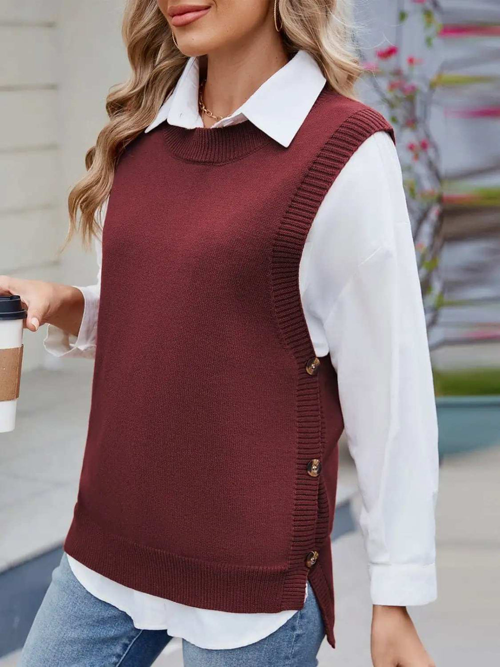 Buttoned Round Neck Sweater Vest - Trendsi - Flyclothing LLC