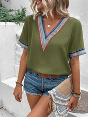Full Size V-Neck Short Sleeve Blouse - Trendsi